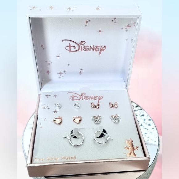 NEW DISNEY Fine Silver Stud Earrings Jewelry Set In Box Minnie Mouse Bling Bow - Picture 3 of 4